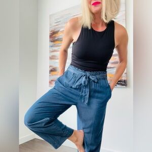 ANNE KLEIN Chambray High-Waisted Paper Bag Ankle Pants